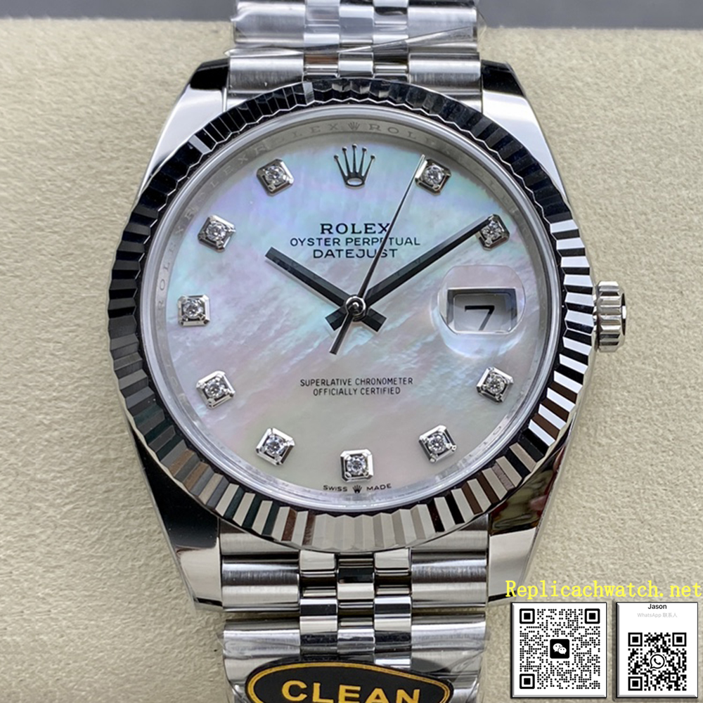 Rolex Datejust Watch Mother Of Pearl Diamond Dial Fluted Bezel 126334