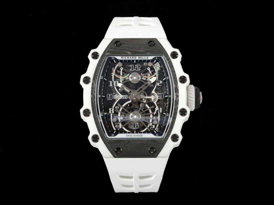 1 - Replica Rolex|Fake Rolex|the best rolex watch factory Skeleton-dial Richard Mille wristwatch with white strap against a black background, showing exposed gears and bold numerals.