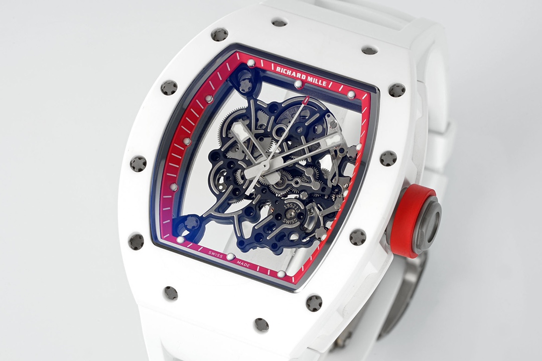1 - Replica Rolex|Fake Rolex|the best rolex watch factory White skeleton watch with a red outline, exposed gears, and a red crown showing intricate inner mechanics in a white case.