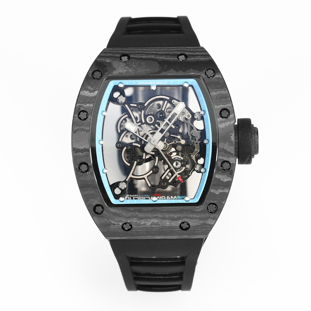 1 - Replica Rolex|Fake Rolex|the best rolex watch factory Skeleton watch with exposed gears in a dark case, blue inner frame, and black strap (Richard Mille).