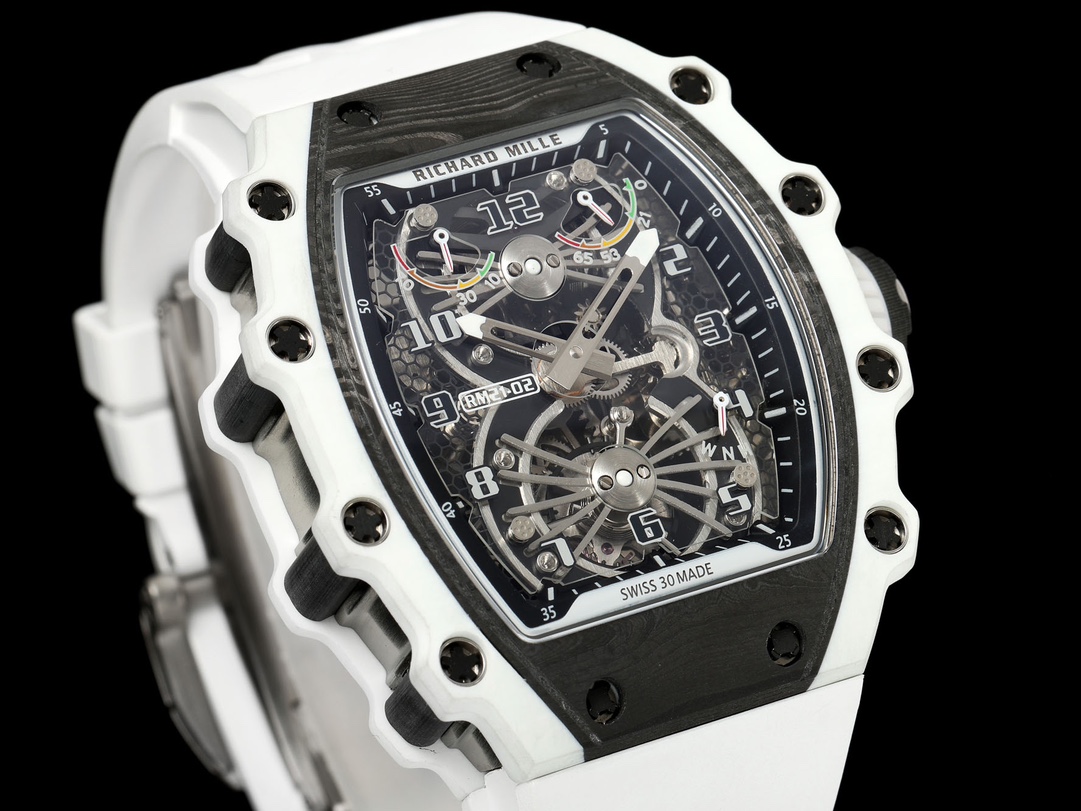 2 - Replica Rolex|Fake Rolex|the best rolex watch factory White Richard Mille skeleton watch with a black dial and exposed gears on a black background