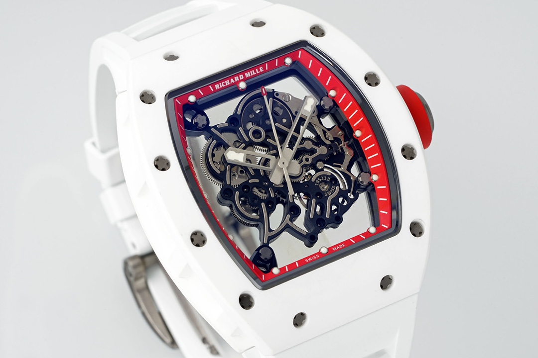 2 - Replica Rolex|Fake Rolex|the best rolex watch factory White skeleton watch with a red inner bezel, exposing intricate gears and mechanics.