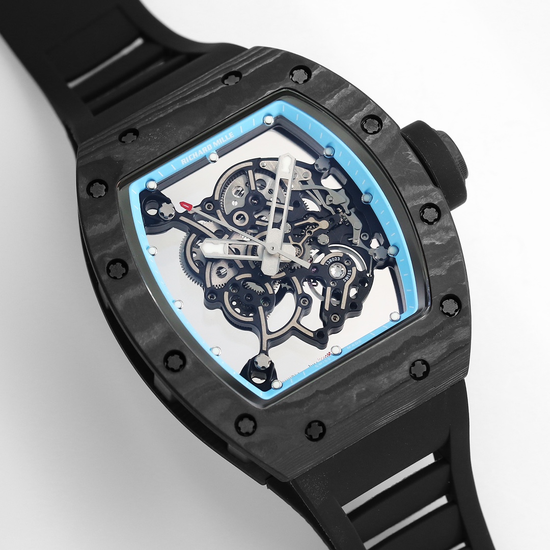 2 - Replica Rolex|Fake Rolex|the best rolex watch factory Skeleton watch with visible gears, black case, and light blue inner bezel on a black strap (Richard Mille style).