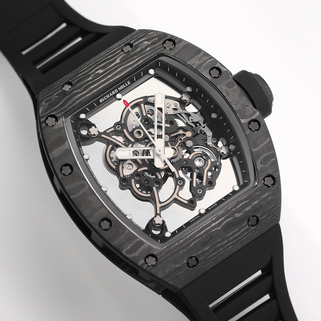 2 - Replica Rolex|Fake Rolex|the best rolex watch factory - Replica Rolex|Fake Rolex|the best rolex watch factory Skeleton watch with exposed gears in a black tonneau case and rubber strap, Richard Mille branding visible at the top edge of the dial.