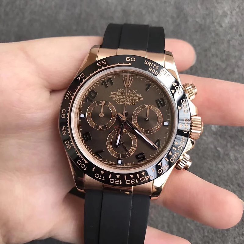 2 - Replica Rolex|Fake Rolex|the best rolex watch factory Rose gold Rolex chronograph watch with a black ceramic tachymeter bezel, brown/black dial, and black rubber strap.