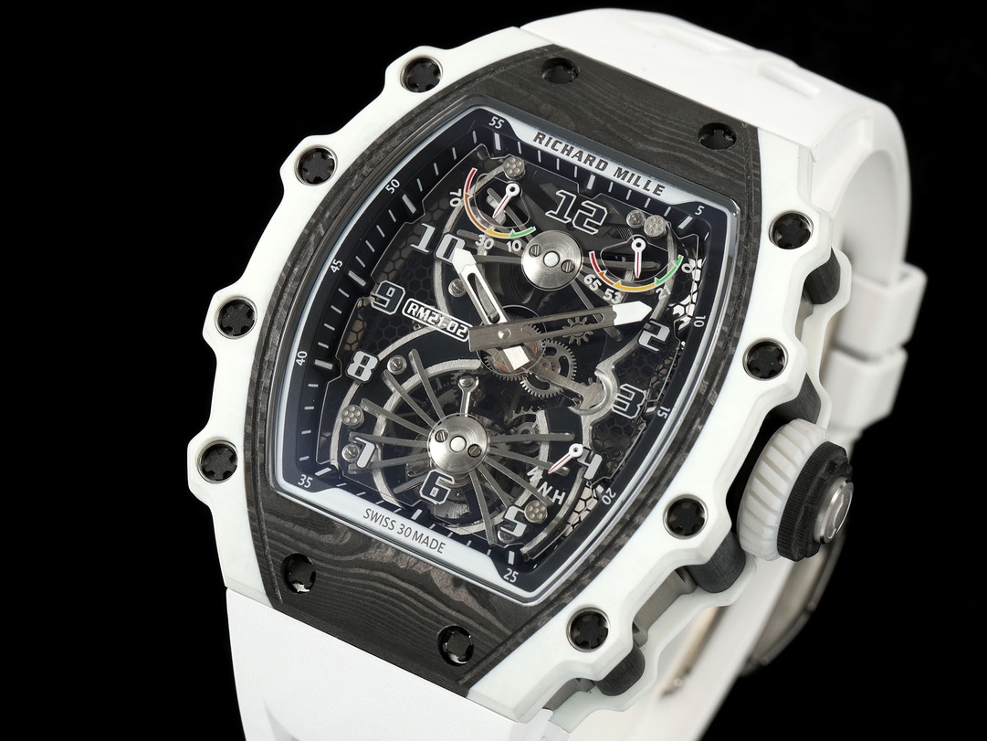 3 - Replica Rolex|Fake Rolex|the best rolex watch factory White, high-end skeleton watch with exposed gears and black dial, white case, and visible screws laid against a dark background