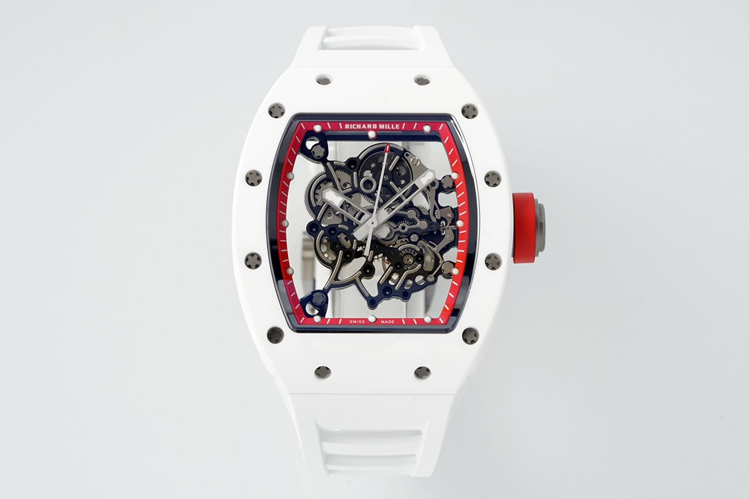 3 - Replica Rolex|Fake Rolex|the best rolex watch factory White sports watch with an exposed skeleton dial and red inner bezel, showcasing gears and springs, on a light background.