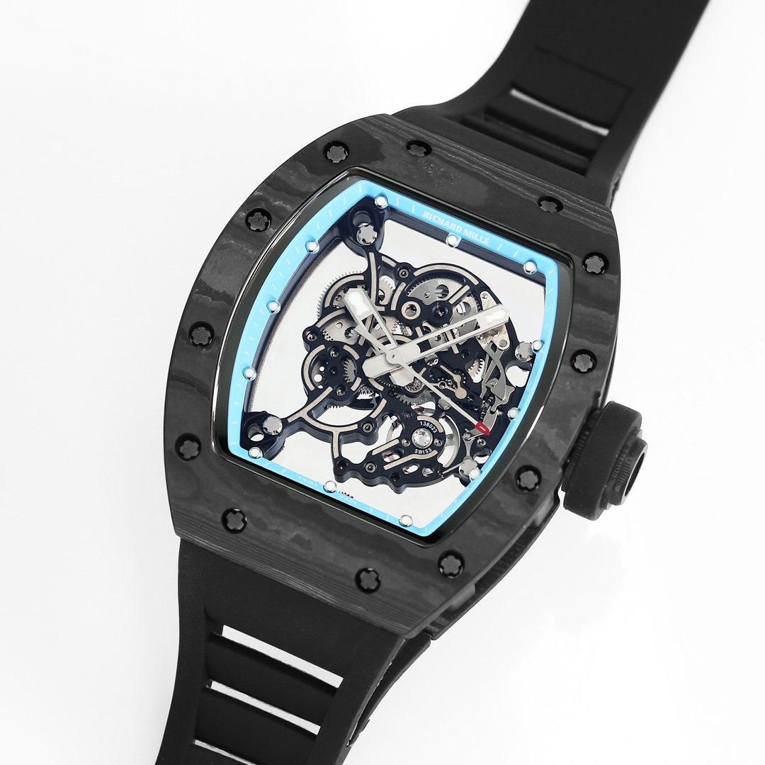 3 - Replica Rolex|Fake Rolex|the best rolex watch factory Skeleton watch with a black case and blue inner bezel, exposing intricate gears and hands on a black rubber strap