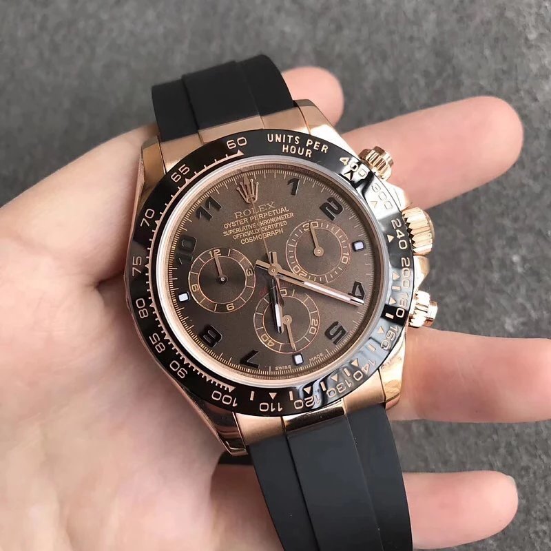3 - Replica Rolex|Fake Rolex|the best rolex watch factory Rose gold Rolex chronograph with black bezel and black rubber strap, showing multiple subdials on a gray dial.