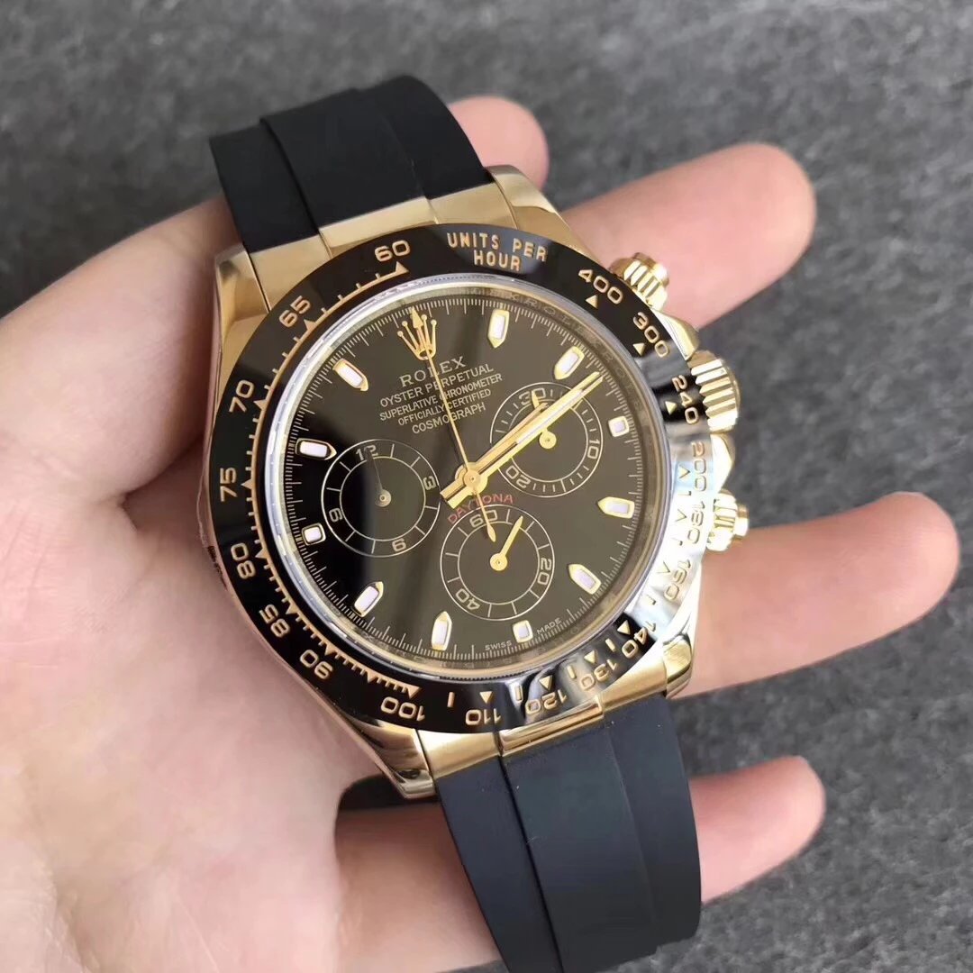 4 - Replica Rolex|Fake Rolex|the best rolex watch factory Rolex Daytona watch with a black dial, gold case, and black rubber strap, close-up view in hand, showing subdials and tachymeter bezel.