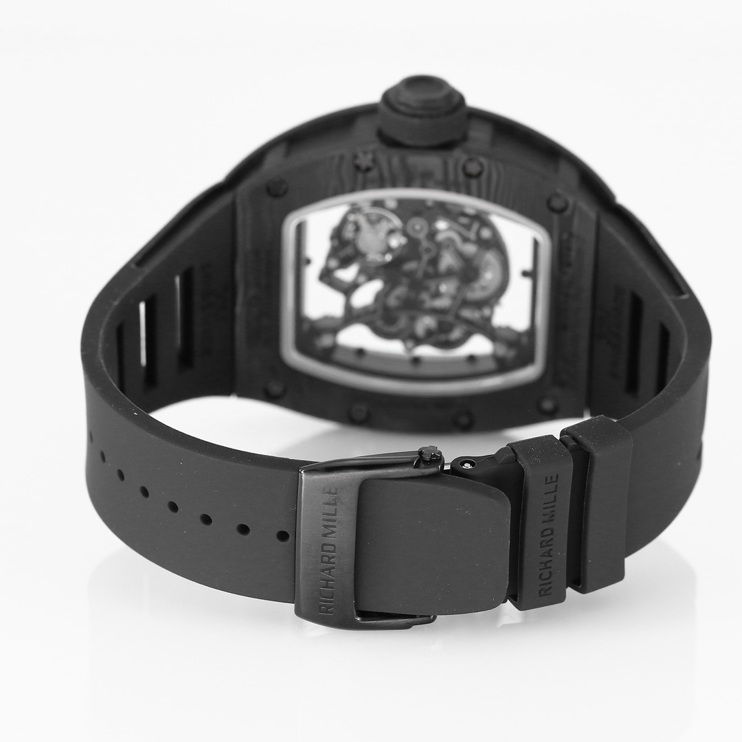 7 - Replica Rolex|Fake Rolex|the best rolex watch factory Rear view of a black Richard Mille watch, skeleton movement visible through the transparent case back, with a closed deployant clasp.